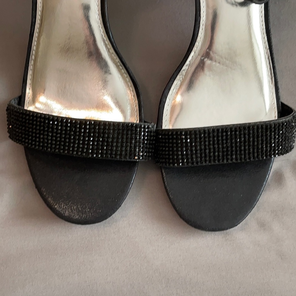 Black beaded ankle strap sandals, 2 1/2 in heel.